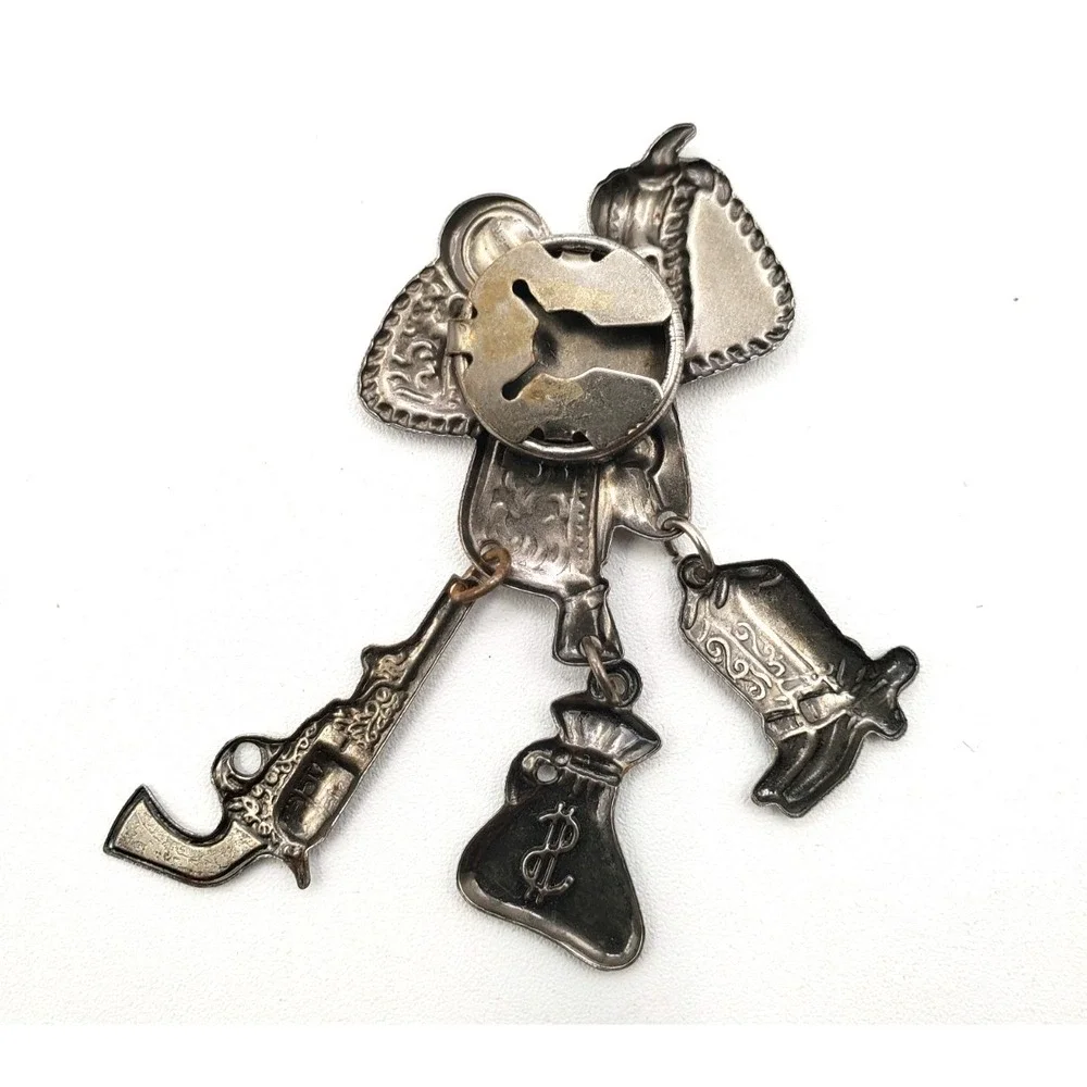 Vintage Western Cowboy Saddle Button Cover Dangling Boot Gun Money Bag Charms